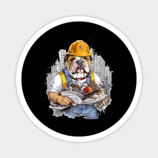 Accountant English Bulldog t-shirt design, a bulldog wearing a hard hat and holding a blueprint Magnet